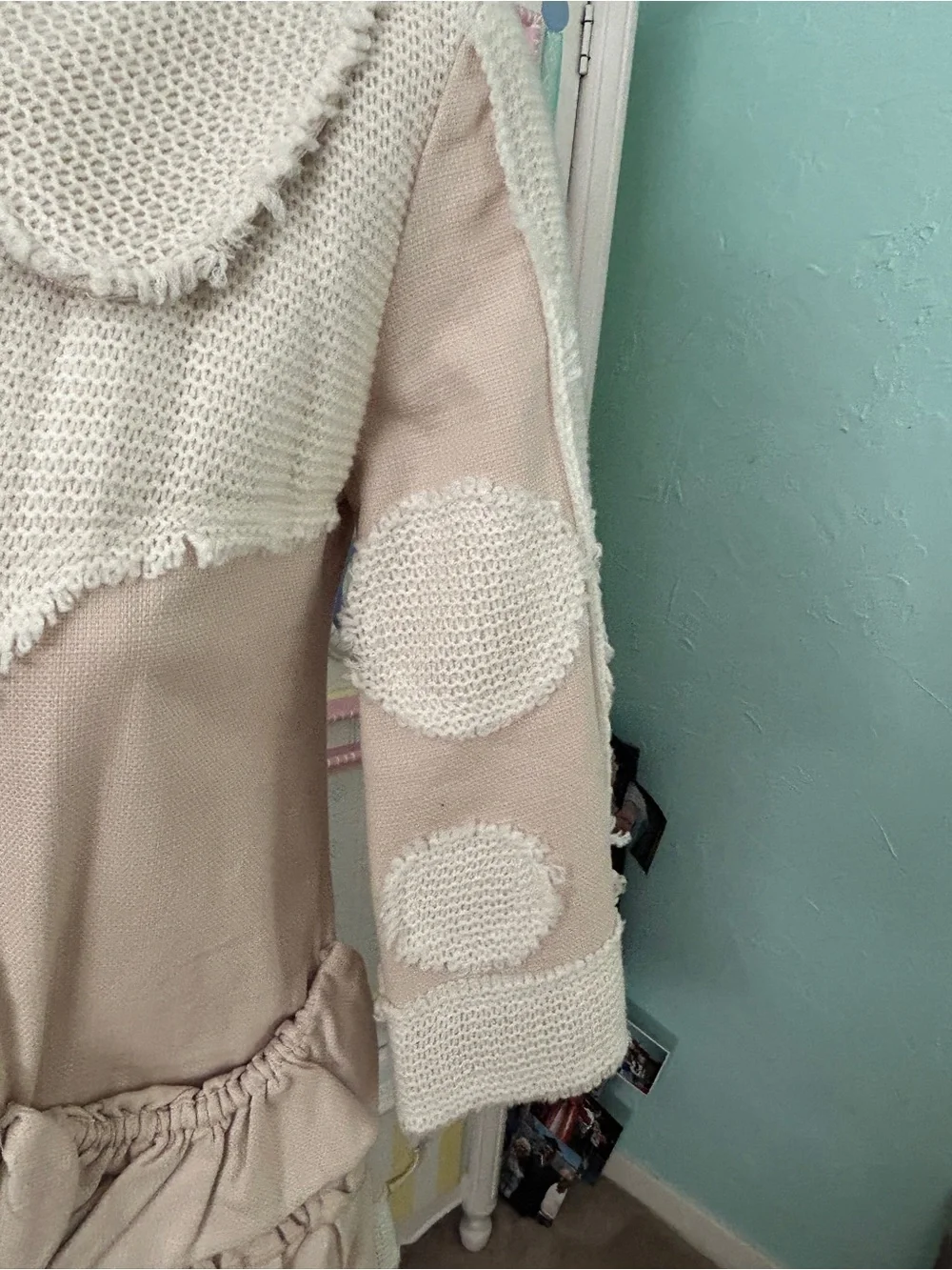Girls' Cream Knit-Trim Beige/Cream Coat with Ruffle Pockets